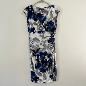 Ralph Lauren Blue Gray White Floral Sleeveless Faux Wrap Dress Size 10